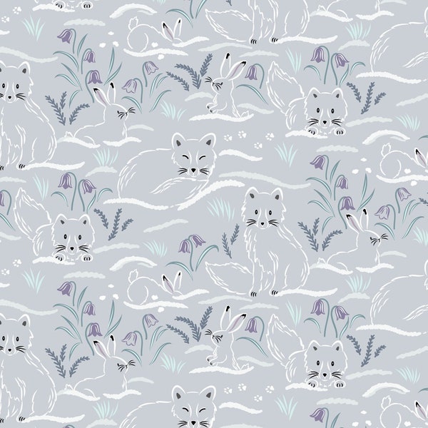 Arctic Fox and Rabbit Fabric - Haring Around on Grey - 100% Cotton - by Lewis & Irene - Winter Snow Animals - Snowshoe hare