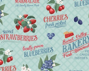 Berry Fabric - Teal Fresh and Sweet - Wilmington Prints - 100% Cotton - Fruit theme farmhouse print berry material food - Ships NEXT DAY