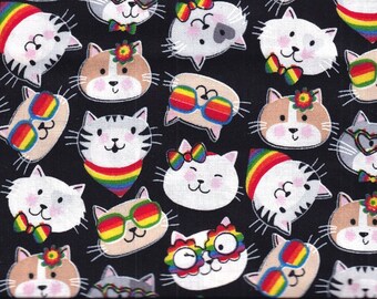 Cat Fabric - Rainbow Glasses Happy Cat - Cool Cats Toss - 100% Cotton Fabric by Fabric Traditions - Ships NEXT DAY