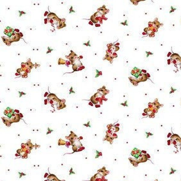 Christmas Mice Fabric - Mice with Red Boots - Studio E Furry and Bright Collection - 100% cotton - Holiday Mouse Material