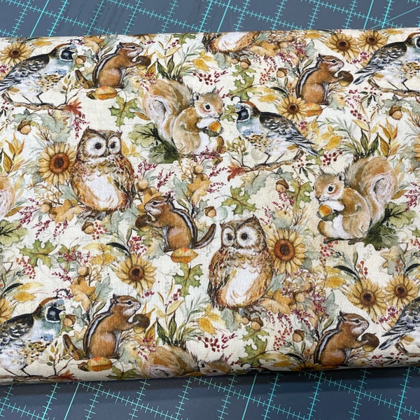 Fall Critter Fabric - Forest Animals - 100% Cotton - Woodland creature material - Owl Chipmunk Squirrel Quail