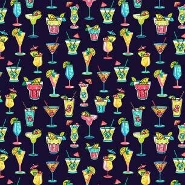 Cocktails fabric - Beach Cheers Fabric Navy - 100% Cotton - Beach Cats Collection - Tropical Drinks Beach Luau Vacation