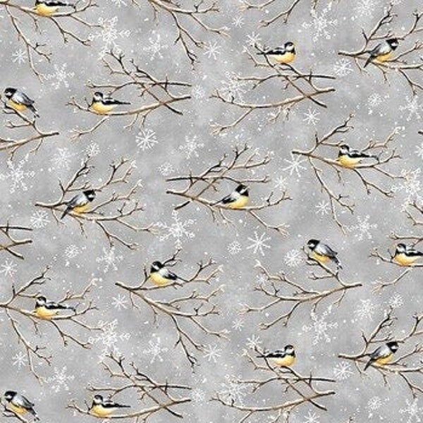 Chickadee Bird fabric - Bundle-Up collection by Barb Tourtillotte for Henry Glass - 100% Cotton - Snow Bird on tree branch