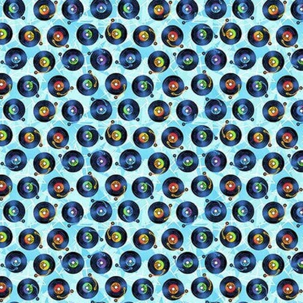 Vinyl Record Fabric - 7361-17 Blue - Mew-sic Legends by StudioE - Multicolor record print by the yard - musician LPs Albums 50s 60s 70s 80s