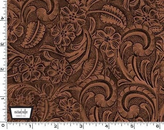 Tooled Leather COTTON Fabric - Mahogany - Big Sky Country Collection - Not real leather - Faux leather floral Material