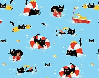 Cat fabric - Dear Stella - Sea Cats - 100% Cotton - Black Cat water kitty ocean boat