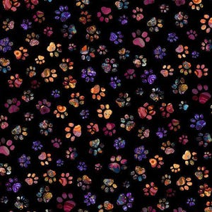 May include: A repeating pattern of paw prints set against a solid black background. Each individual paw print features a unique, vibrant, and multicolored design with swirling hues of orange, purple, blue, and pink throughout the shapes.