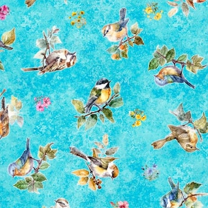 Floral Bird Fabric - Birdsong Collection - QT Fabrics - 100% Cotton - Aqua 2600-30279-Q
