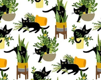 Cat fabric - Dear Stella - Just Purrlanted- 100% Cotton - Black Cat Gardening kitty garden pot