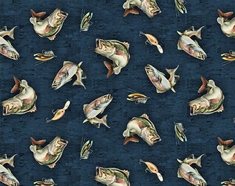 Fishing fabric - Back Country Digital Fish Light Navy - 100% Cotton - Clothworks - Bass fish material fish quilting cotton