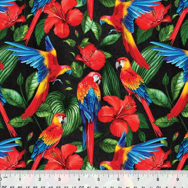 Macaws Fabric - Tropical Paradise - Whistler Studios - 100% cotton - Hibiscus - Scarlet Macaw Parrot Bird