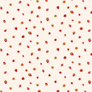 May include: A repeating pattern of red strawberries with green leaves scattered across a cream-colored background. The strawberries vary in size and are evenly spaced, creating a playful and summery design.