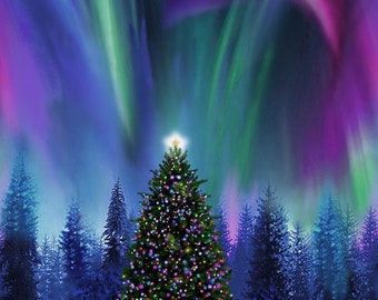 Christmas Tree Aurora Borealis Panel 23" x 43" - NEW -  Timeless Treasures - 100% Cotton Fabric - Northern Lights Winter - SHIPS NEXT Day