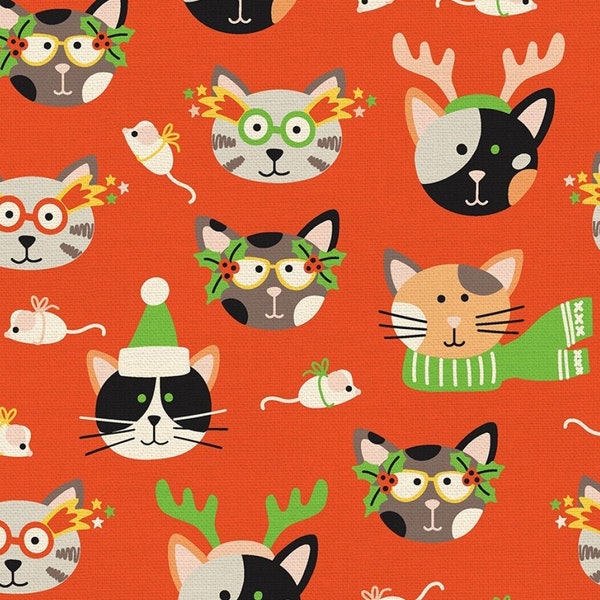 Christmas Cat Fabric - 100% Cotton Quilting Fabric - Cat Masquerade by Paintbrush Studio - Winter cats dressed for holidays