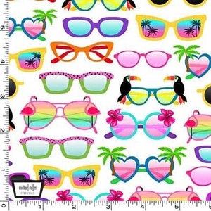 Sunglasses on white - Beach fabric - Let's Get Tropical by Michael Miller - 100% Cotton Fabric - Pool Party Hawaiian Luau