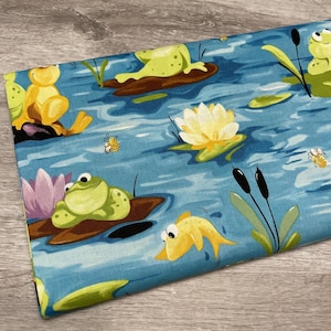 Frog fabric - Paul&#39;s Pond Allover Turquoise by Susybee - 100% Cotton Fabric - water lily fabric