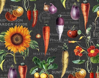 Vegetable Garden Fabric - Michael Miller - 100% Cotton - Farmers' Market Gardening Colorful Veggie Healthy Vegan Gardener Gift