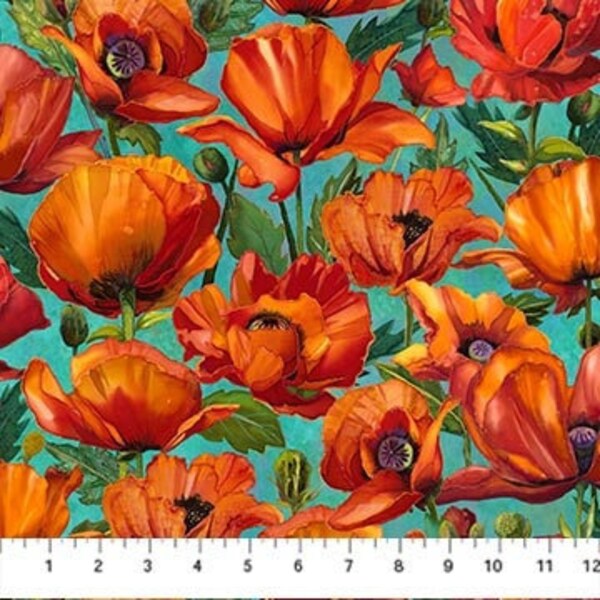 Northcott Poppy Flower Fabric - Packed Poppies Turquoise - 100% Cotton - Charisma Collection - flower quilting material