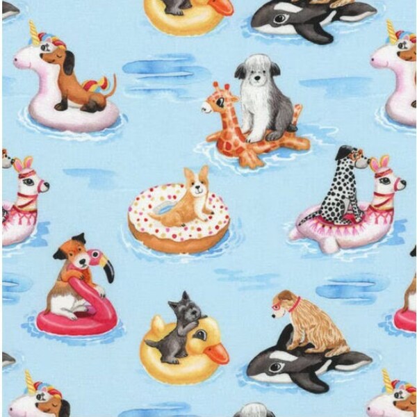 Dog Fabric - Robert Kaufman Pool Pups - 100% Cotton - Puppy Pool float Summer Donut Corgi Scotty Dachshund Sheepdog Terrier Dogs in Glasses