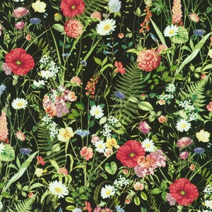 May include: A fabric pattern featuring a dense botanical illustration of wildflowers and ferns on a black background. The design includes red poppies, white daisies, pink zinnias, and various green foliage, creating a vibrant floral meadow scene.