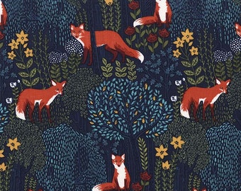 Fox Fabric - Into the Woods BLUE - 100% Cotton - Michael Miller - Woodland creatures forest animal material