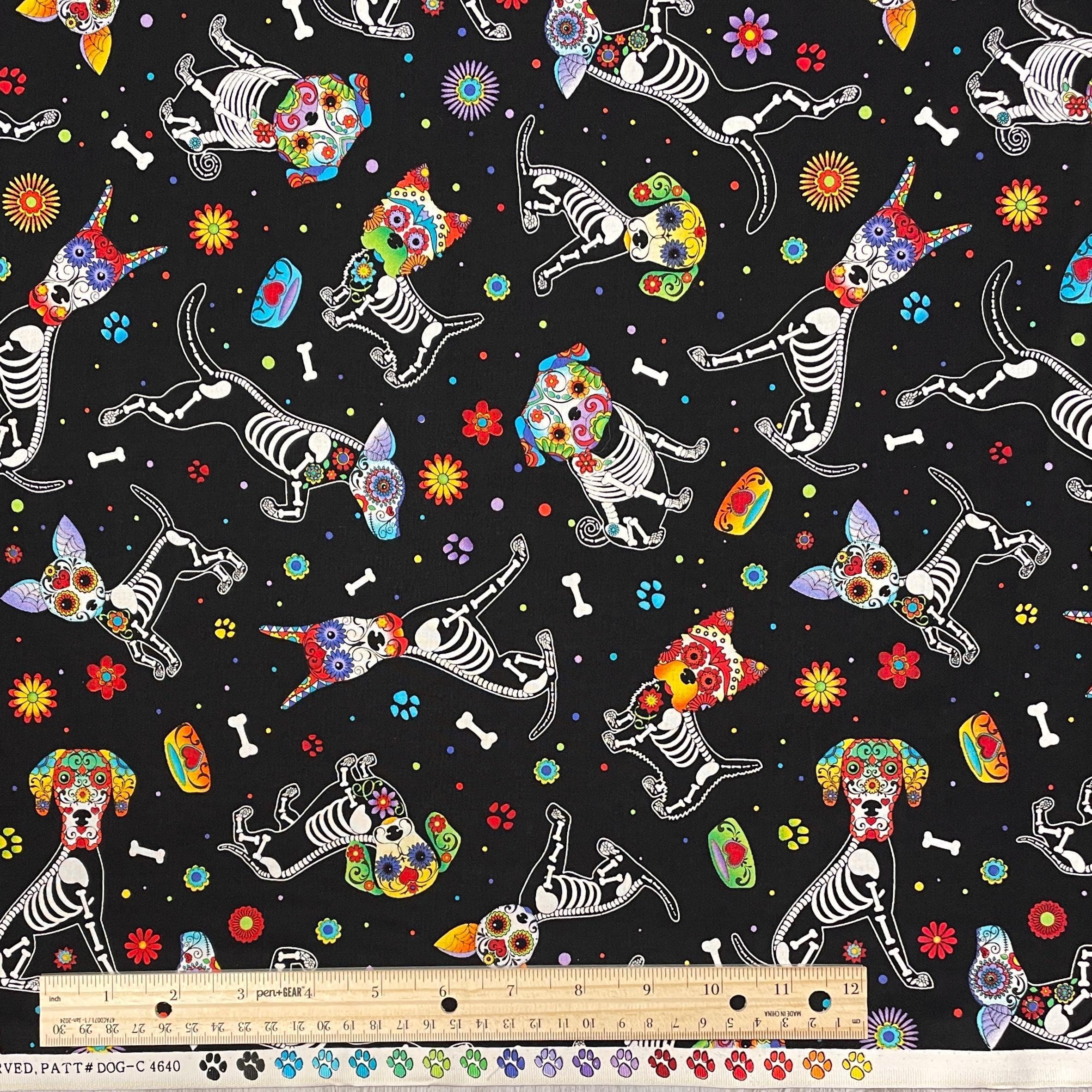 Colorful Dog Fabric - Sugar Skulls Day of the Dead - Timeless Treasures ...