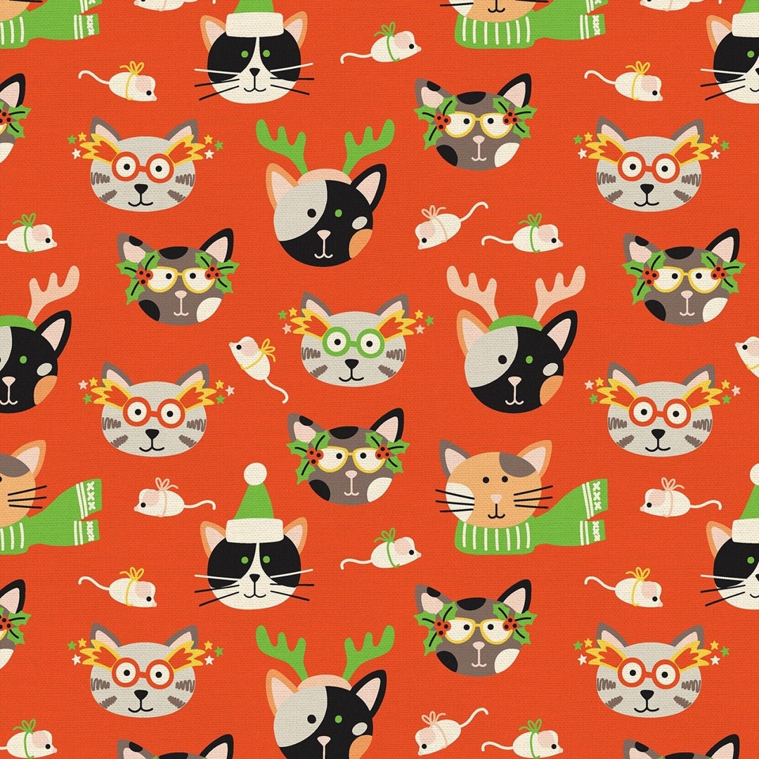 Christmas Cat Fabric 100 Cotton Quilting Fabric Cat Masquerade by
