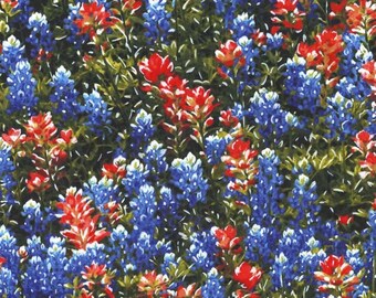 Bluebonnets and Indian Paintbrush Flowers - Michael Miller - 100% Cotton Fabric - Wildflowers Blue Flower Material Texas Flowers