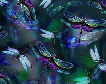 Dragonfly fabric - Garden Bliss Collection by Hoffman - 100% Cotton - flying animal iridescent garden fabric
