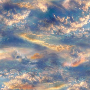 May include: A seamless pattern depicting a sky filled with white and golden clouds set against a deep blue background. The clouds are lit by the sun, producing a dynamic and textured effect, reminiscent of a sunset.