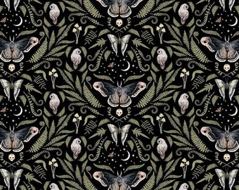 Dear Stella Moonflower - 100% Cotton Fabric - Moth Owl Skull Moon Stars Mushroom Fern Night Garden