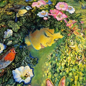 May include: A vibrant painting depicts a woman's face, her hair composed of lush green foliage, pink and white flowers, and small birds. The woman's face is a soft yellow, with closed eyes and a serene expression. Butterflies flutter around the floral crown.