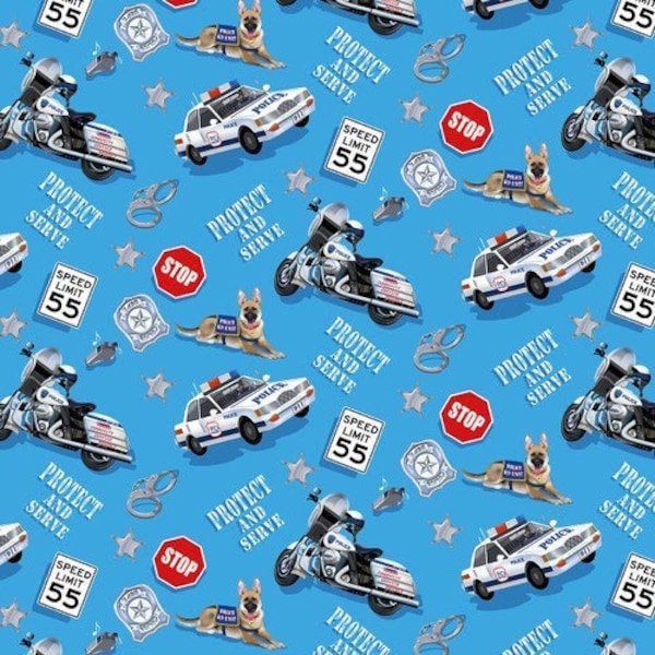 Blue Mobile Police Unit - To The Rescue Collection - By Robert Giordano for Henry Glass - 100% Cotton Fabric