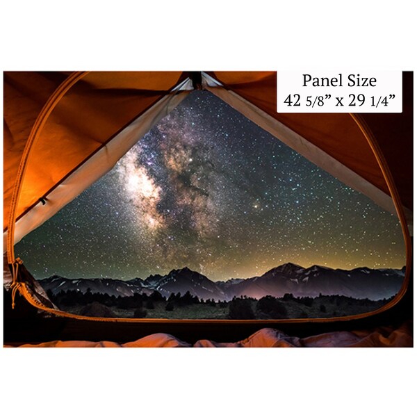 Camping Fabric Panel 42 5/8" x 29 1/4" - 100% Cotton - Hoffman - Sleeping Under the Stars - Star Landscape - Night Sky Tent Mountains