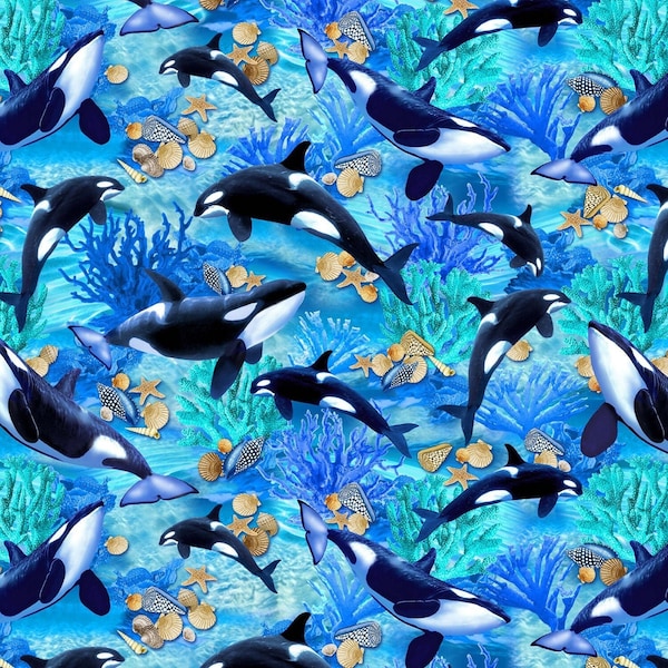 Orca Whale Fabric - Michael Miller Jewels of the Sea - 100% Cotton - Ocean Fabric Beach Print Sea Life