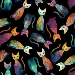 May include: A black fabric featuring a repeating pattern of cats. Each cat is composed of multicoloured geometric shapes in shades of orange, purple, blue, green, and yellow. The cats are depicted in various poses, including sitting and stretching.