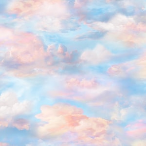 May include: A seamless pattern depicting a pastel sky with fluffy clouds. The clouds are a blend of soft pink, peach, and white, set against a light blue backdrop. The image creates a dreamy, ethereal atmosphere.