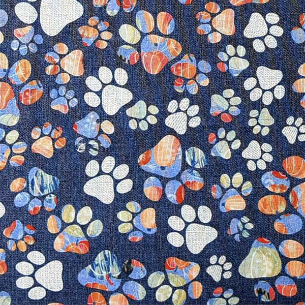 Paw Print fabric - Multicolor Paw Prints on Navy - Dog Paw Cat Paw - Colorful Dog Fabric