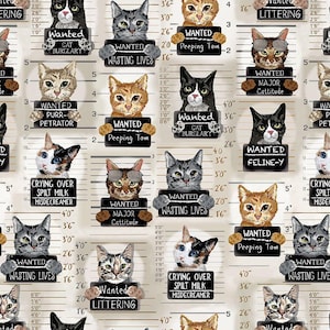 Cat Mugshots Fabric - Timeless Treasures - 100% Cotton - Quirky Cats Collection - Funny Cattitude wanted