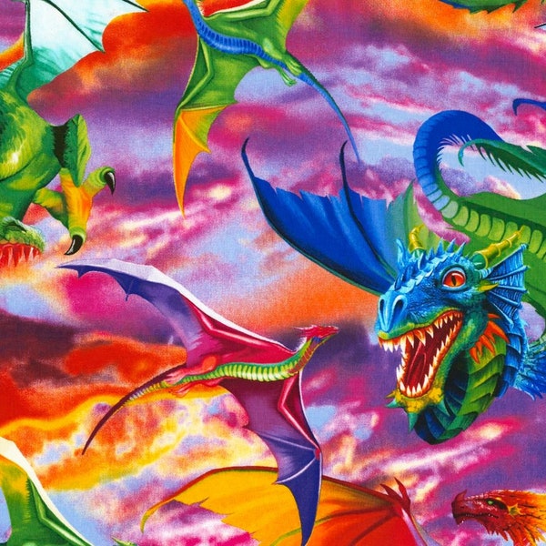 Dragons by Michael Searle for Timeless Treasures - 100% Cotton Fabric - Multicolor material dragon theme - Large Scale!