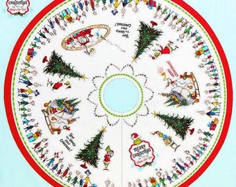 May include: A round Christmas tree skirt featuring a red border and a light blue background. The design includes illustrations of characters and scenes from "How the Grinch Stole Christmas!" with the text "Merry Christmas".