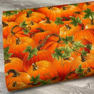 Harvest Pumpkin Fabric with Metallic Accents - Harvest Festival by Benartex - 100% Cotton - Fall Halloween Thanksgiving