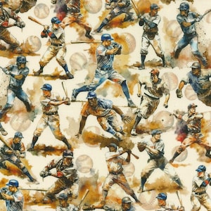 May include: A repeating pattern featuring watercolor illustrations of baseball players in action. The players are depicted in various poses, swinging bats, running, and throwing baseballs. Baseballs are scattered throughout the design, set against a cream-colored background.