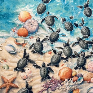Baby Sea Turtle Panel 24&quot; x 44&quot; - Elizabeth&#39;s Studio - 100% Cotton fabric - Race to Safety Beach Panel - Shells Coral Starfish Sand