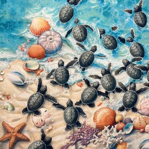 May include: A detailed illustration shows baby sea turtles making their way from a sandy beach towards the sea. The image includes various seashells, starfish, and coral, set against a backdrop of blue water.