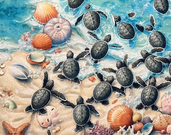 Baby Sea Turtle Panel 24" x 44" - Elizabeth's Studio - 100% Cotton fabric - Race to Safety Beach Panel - Shells Coral Starfish Sand