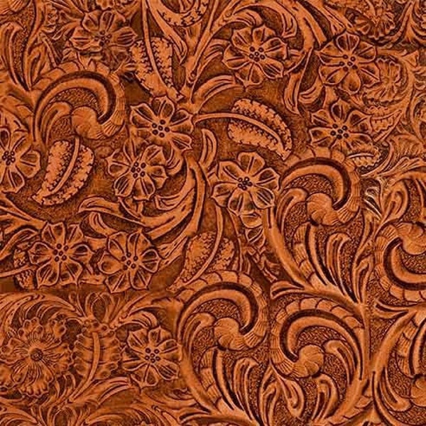 Tooled Leather COTTON Fabric - Redwood - Big Sky Country Collection - Not real leather - Faux leather floral Material