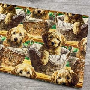 Dog fabric - Goldendoodle - Foust Exclusive Print - 100% Cotton - David Textiles - puppy dog in basket