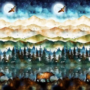 Forest fabric by the yard - Starry Nights Collection by Hoffman - Moonstruck - 100% Cotton - mountain range bear material