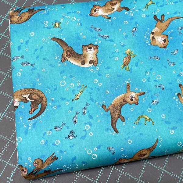 Otter Fabric - River Romp - Henry Glass- 100% Cotton - Sea Life Underwater Otters